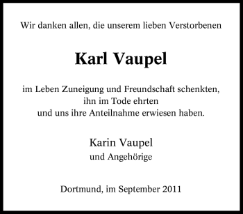 Traueranzeige von Karl Vaupel von Tageszeitung