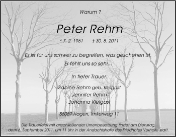 Traueranzeige von Peter Rehm von Tageszeitung