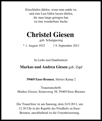 Traueranzeige von Christel Giesen von Tageszeitung