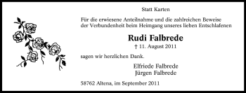Traueranzeige von Rudi Falbrede von Tageszeitung