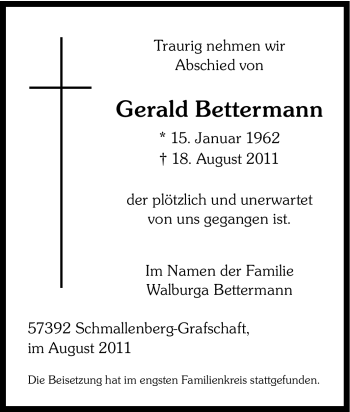 Traueranzeige von Gerald Bettermann von Tageszeitung