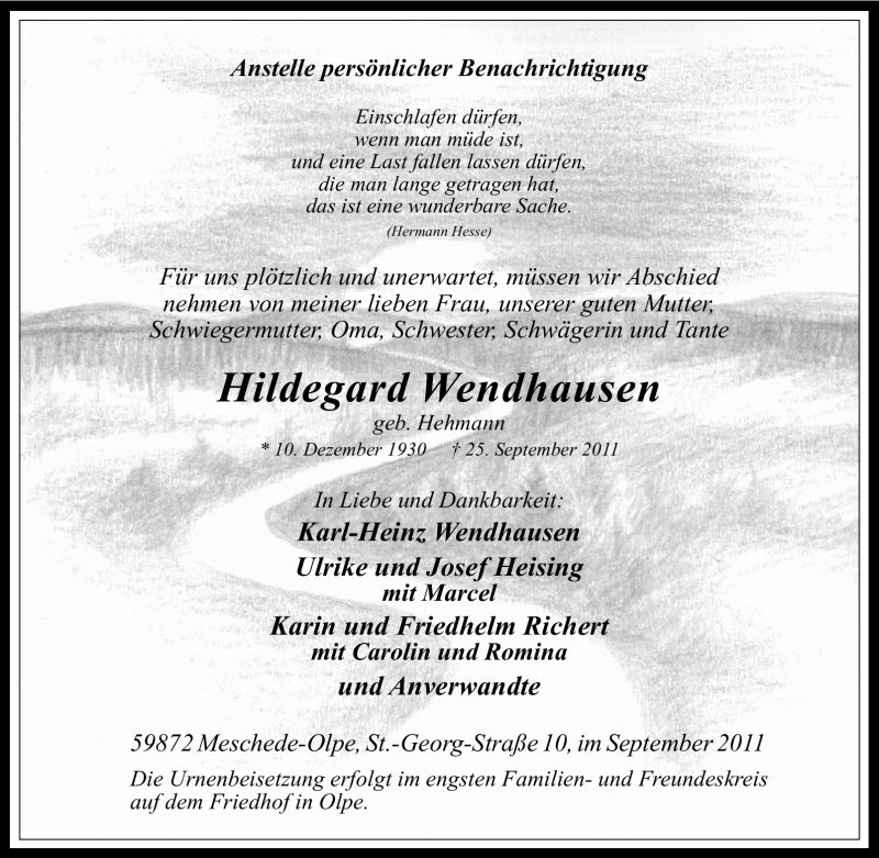  Traueranzeige für Hildegard Wendhausen vom 28.09.2011 aus Tageszeitung