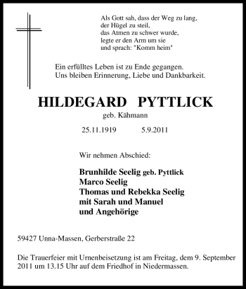 Traueranzeige von Hildegard Pyttlick von Tageszeitung