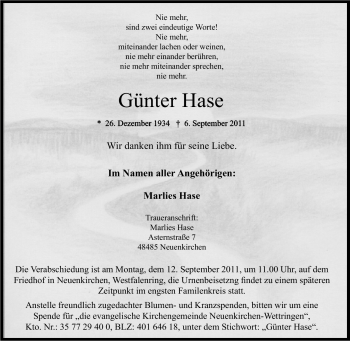 Traueranzeige von Günter Hase von Tageszeitung