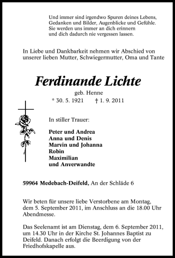 Traueranzeige von Ferdinande Lichte von Tageszeitung