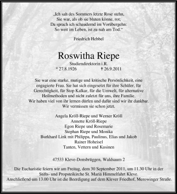 Traueranzeige von Roswitha Riepe von Tageszeitung