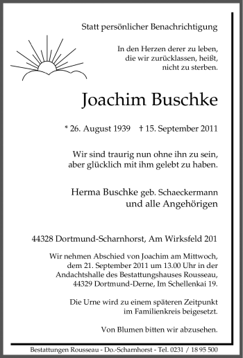 Traueranzeige von Joachim Buschke von Tageszeitung