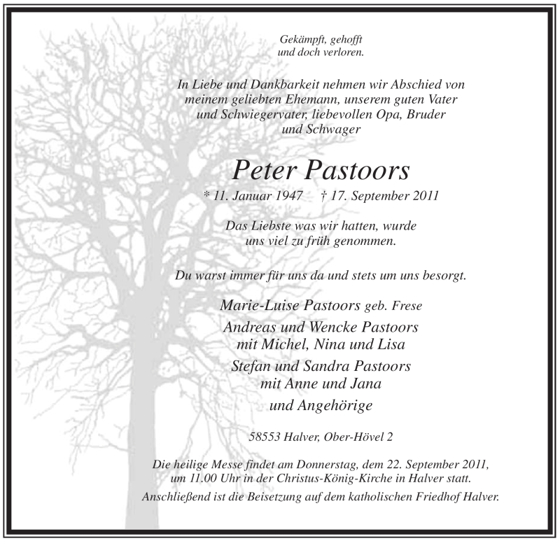  Traueranzeige für Peter Pastoors vom 20.09.2011 aus Tageszeitung