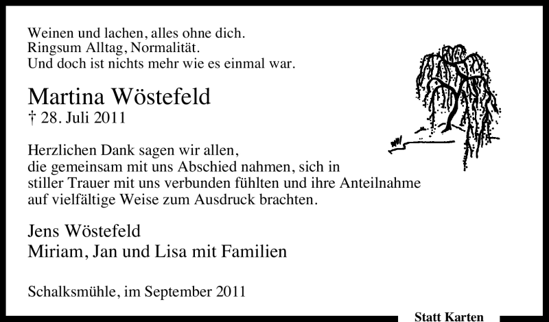  Traueranzeige für Martina Wöstefeld vom 24.09.2011 aus Tageszeitung