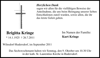 Traueranzeige von Brigitta Kringe von Tageszeitung