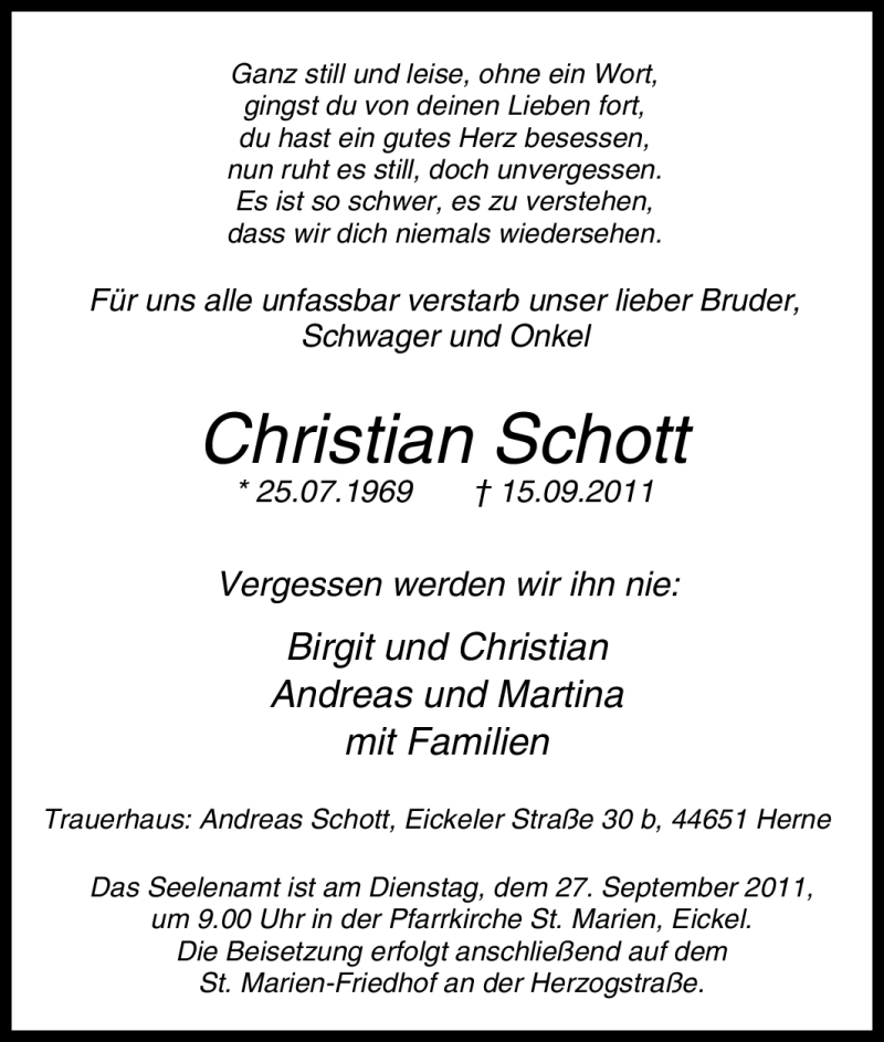  Traueranzeige für Christian Schott vom 24.09.2011 aus Tageszeitung