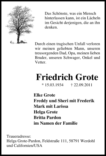 Traueranzeige von Friedrich Grote von Tageszeitung