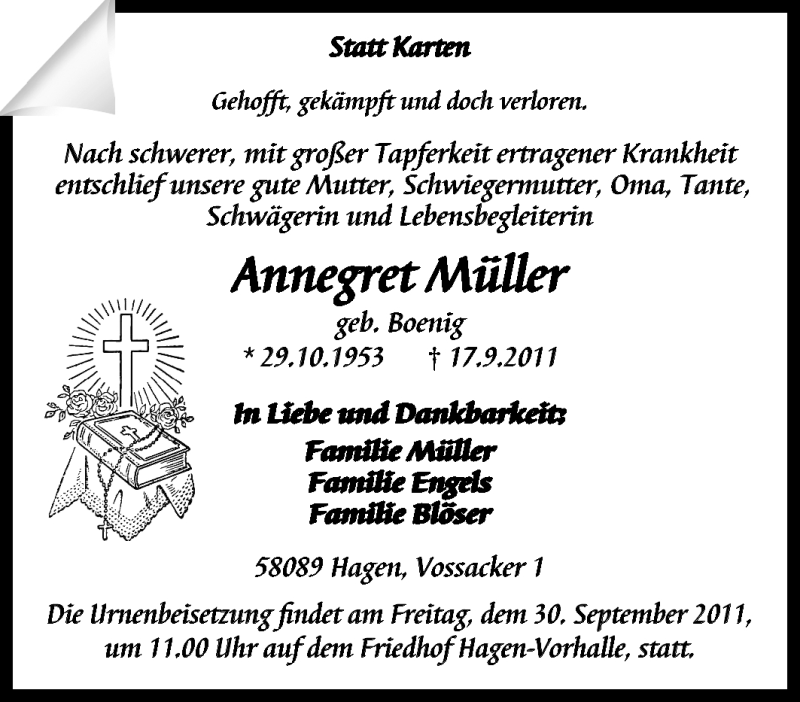  Traueranzeige für Annegret Müller vom 28.09.2011 aus Tageszeitung