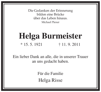 Traueranzeige von Helga Burmeister von Tageszeitung