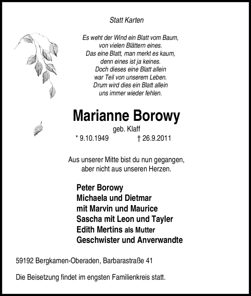  Traueranzeige für Marianne Borowy vom 30.09.2011 aus Tageszeitung
