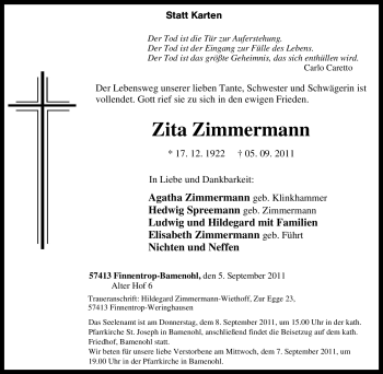 Traueranzeige von Zita Zimmermann von Tageszeitung