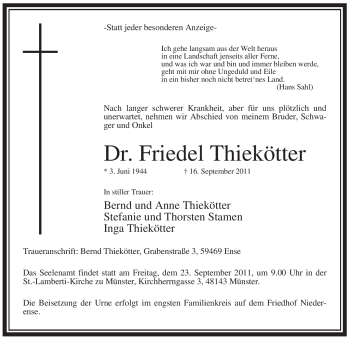Traueranzeige von Friedel Thiekötter von Tageszeitung
