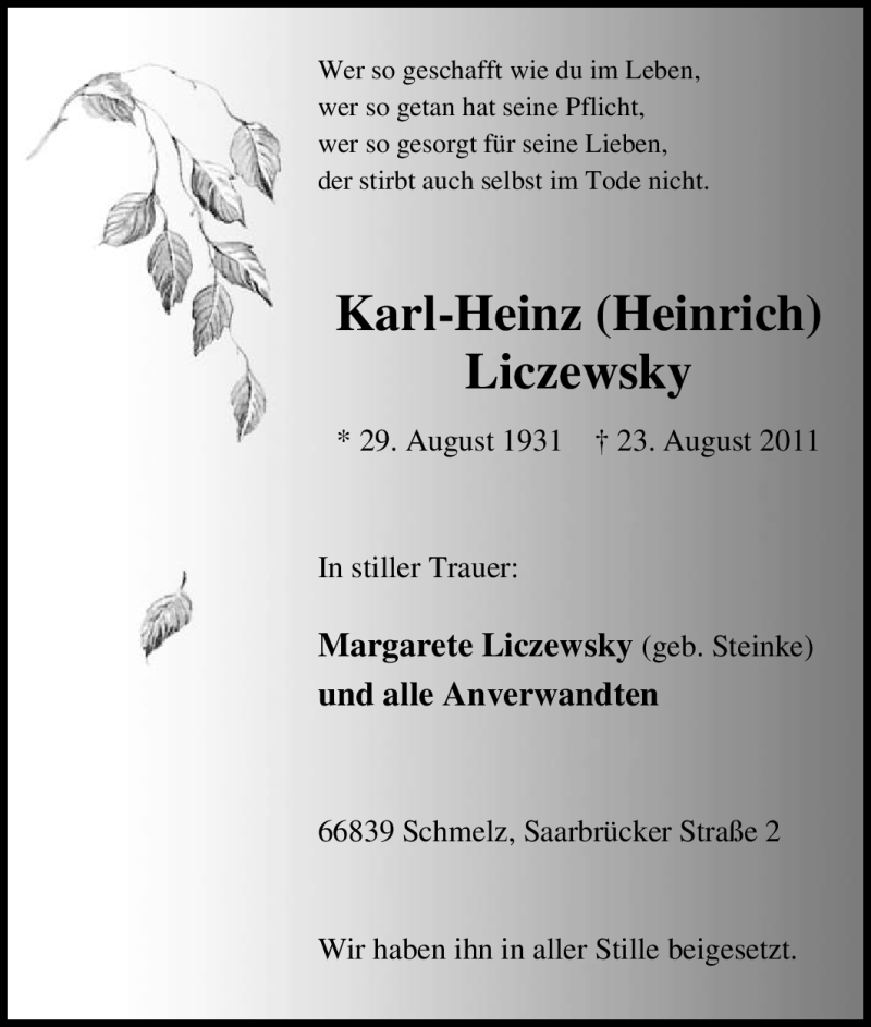  Traueranzeige für Karl-Heinz Liczewsky vom 03.09.2011 aus Tageszeitung