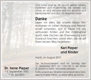 Traueranzeige von Irene Pieper von Tageszeitung