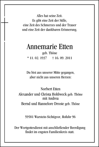 Traueranzeige von Annemarie Etten von Tageszeitung