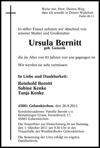 Traueranzeige von Ursuelba Bernitt von Tageszeitung