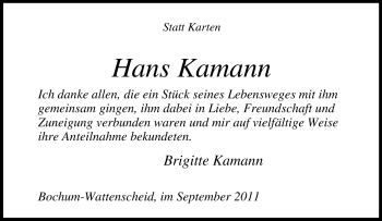Traueranzeige von Hans Kamann von Tageszeitung