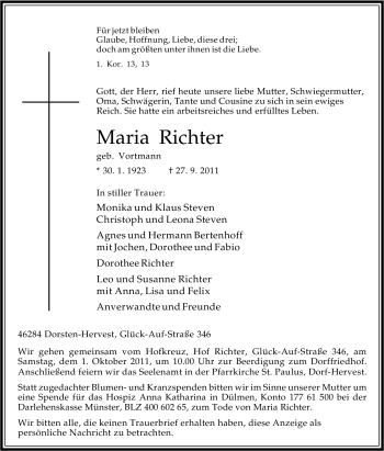 Traueranzeige von Maria Richter von Tageszeitung