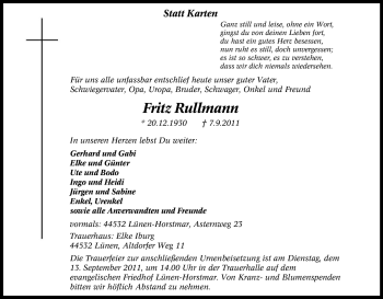 Traueranzeige von Fritz Rullmann von Tageszeitung
