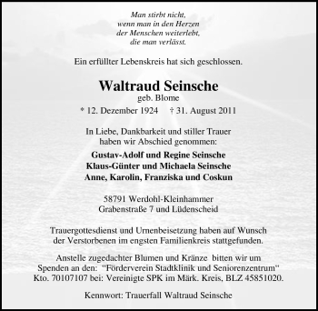 Traueranzeige von Waltraud Seinsche von Tageszeitung