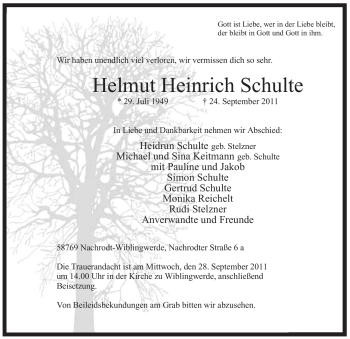 Traueranzeige von Helmut Heinrich Schulte von Tageszeitung