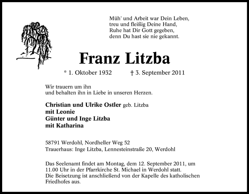  Traueranzeige für Franz Litzba vom 08.09.2011 aus Tageszeitung