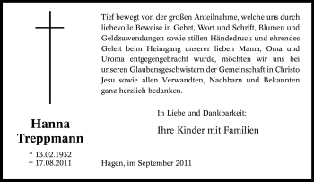 Traueranzeige von Hanna Treppmann von Tageszeitung