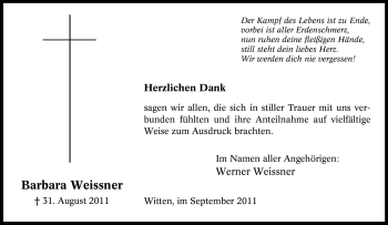 Traueranzeige von Barbara Weissner von Tageszeitung