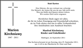 Traueranzeige von Marion Kirchniawy von Tageszeitung