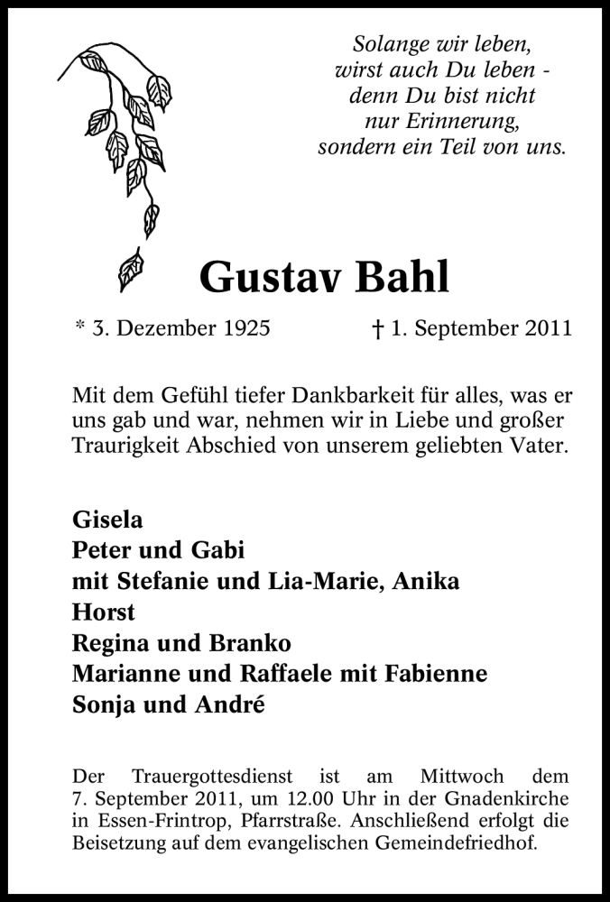  Traueranzeige für Gustav Bahl vom 03.09.2011 aus Tageszeitung