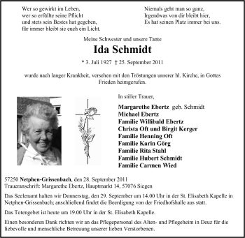 Traueranzeige von Ida Schmidt von Tageszeitung