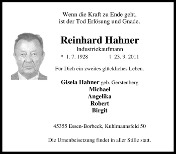 Traueranzeige von Reinhard Hahner von Tageszeitung