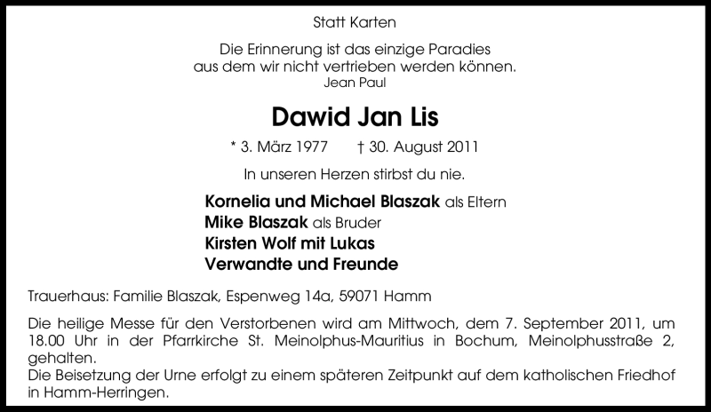  Traueranzeige für Dawid Jan Lis vom 03.09.2011 aus Tageszeitung