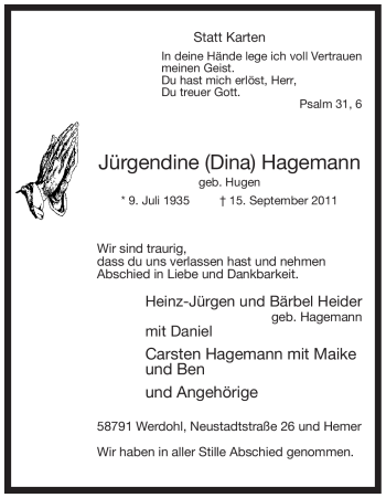 Traueranzeige von Jürgendine Hagemann von Tageszeitung