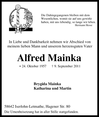 Traueranzeige von Alfred Mainka von Tageszeitung