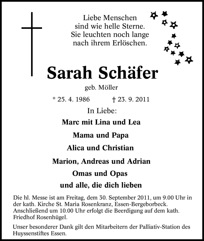  Traueranzeige für Sarah Schäfer vom 28.09.2011 aus Tageszeitung