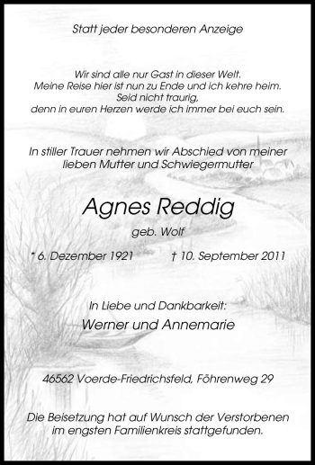 Traueranzeige von Agnes Reddig von Tageszeitung
