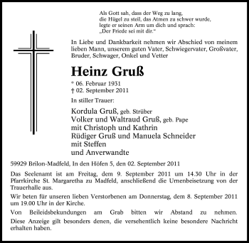 Traueranzeige von Heinz Gruß von Tageszeitung