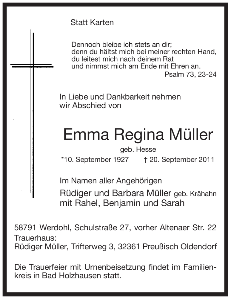  Traueranzeige für Emma Regina Müller vom 24.09.2011 aus Tageszeitung