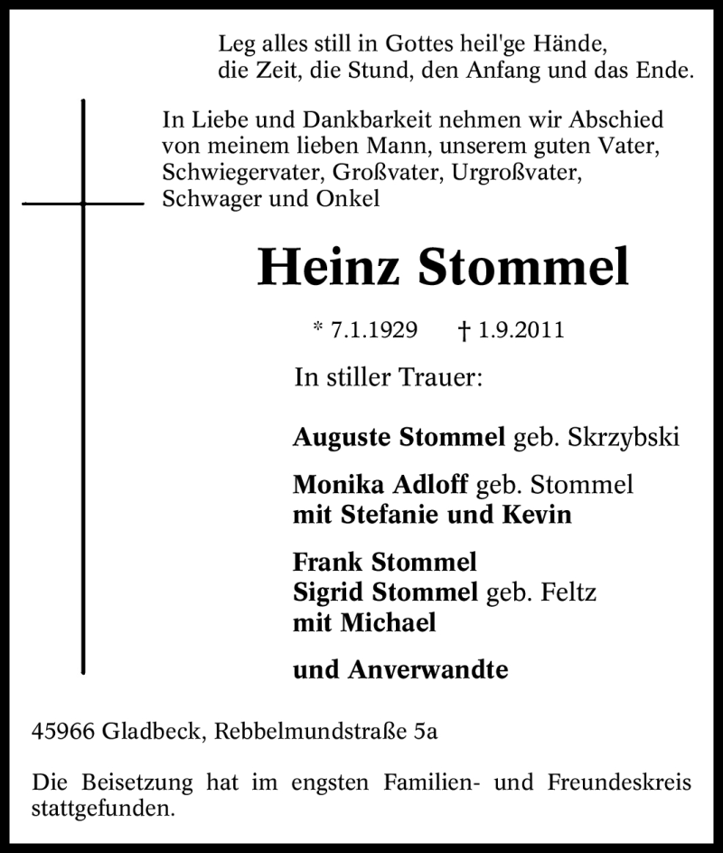  Traueranzeige für Heinz Stommel vom 07.09.2011 aus Tageszeitung