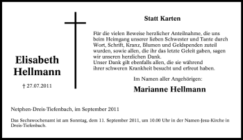 Traueranzeige von Elisabeth Hellmann von Tageszeitung