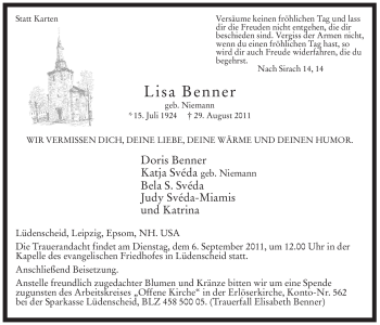 Traueranzeige von Lisa Benner von Tageszeitung