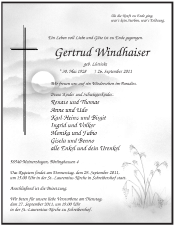 Traueranzeige von Gertrud Windhaiser von Tageszeitung