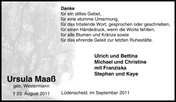 Traueranzeige von Ursula Maaß von Tageszeitung