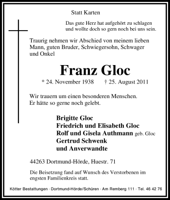 Traueranzeige von Franz Gloc von Tageszeitung